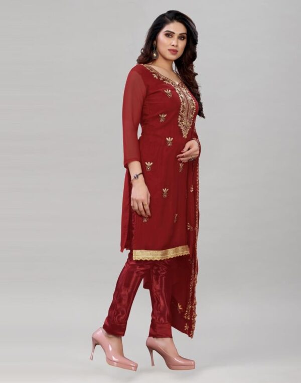 Enticing Maroon Georgette Embroidered Unstitched Salwar Suit - Image 2