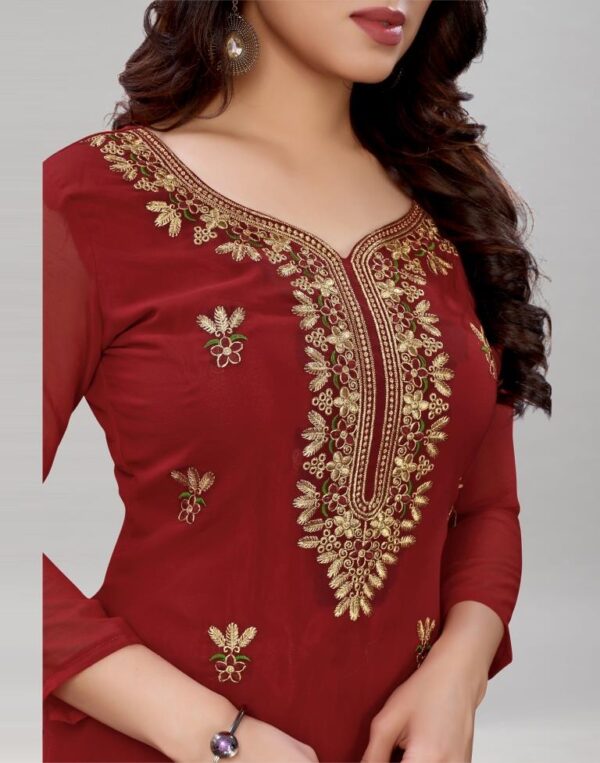 Enticing Maroon Georgette Embroidered Unstitched Salwar Suit - Image 4