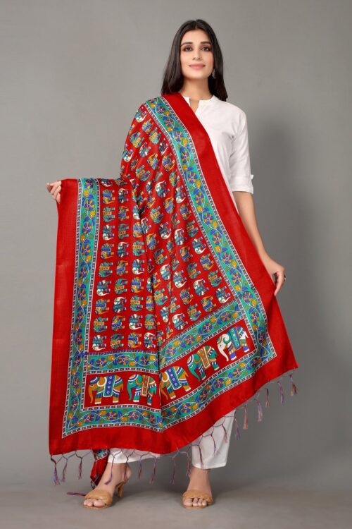 Red And Multicolor Khadi Silk Dupatta