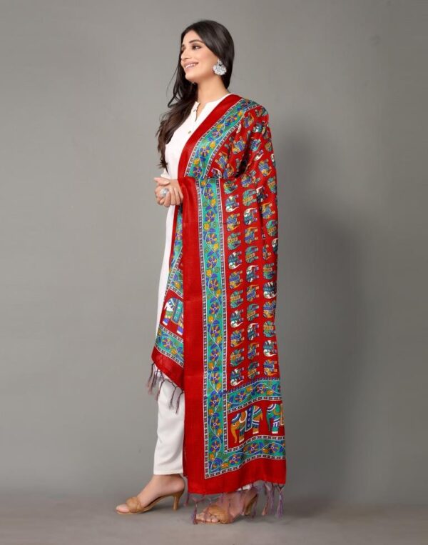 Red And Multicolor Khadi Silk Dupatta - Image 5