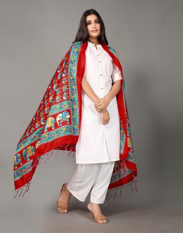 Red And Multicolor Khadi Silk Dupatta - Image 3
