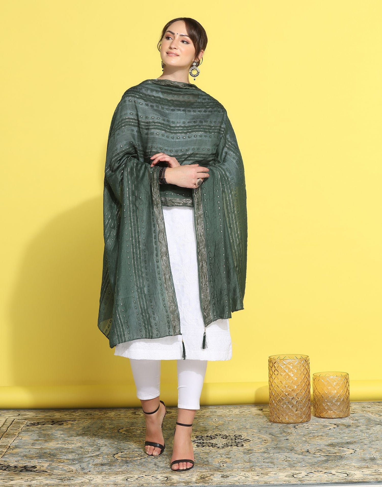 Green Cotton Plain Dupatta - Image 7