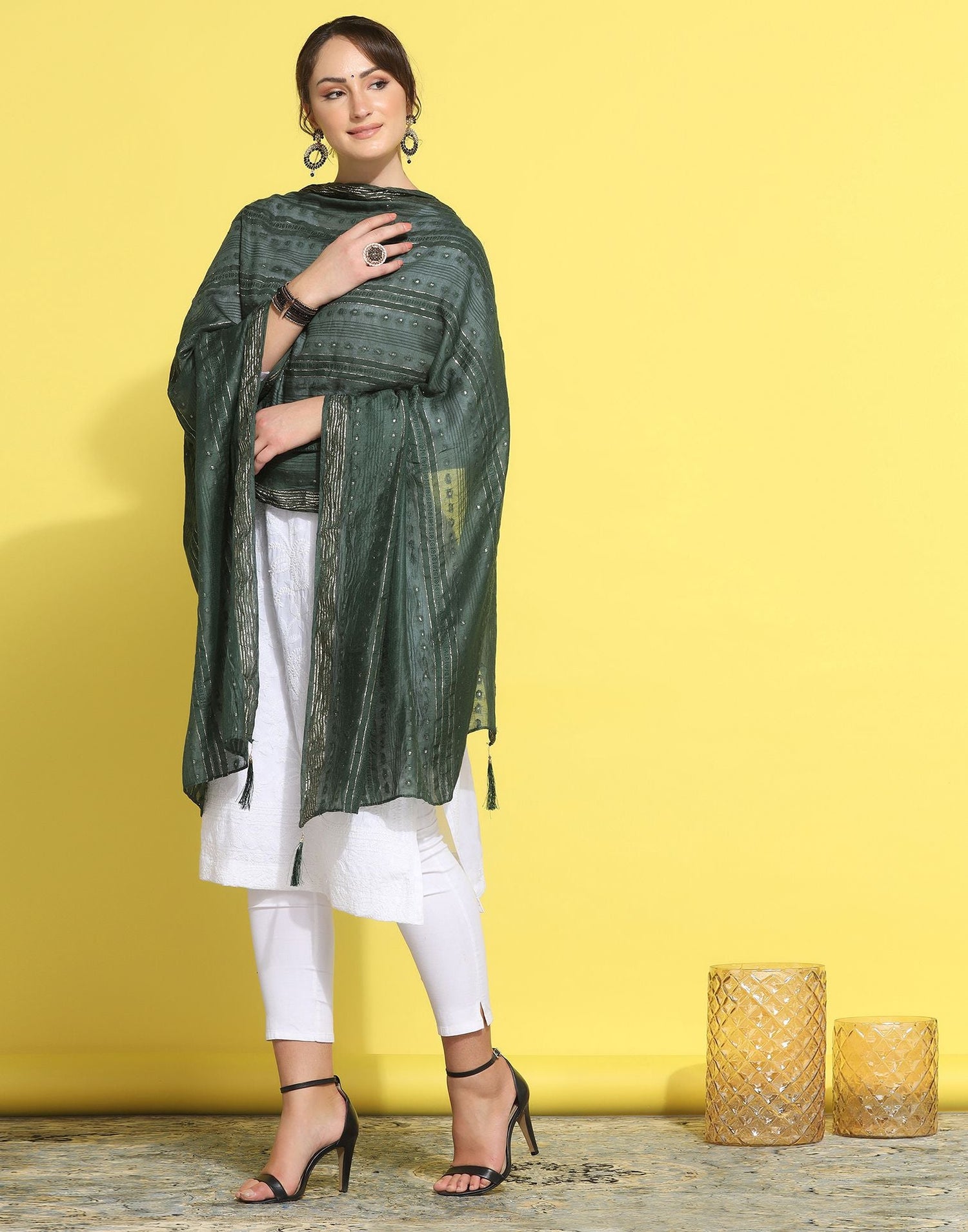 Green Cotton Plain Dupatta - Image 6
