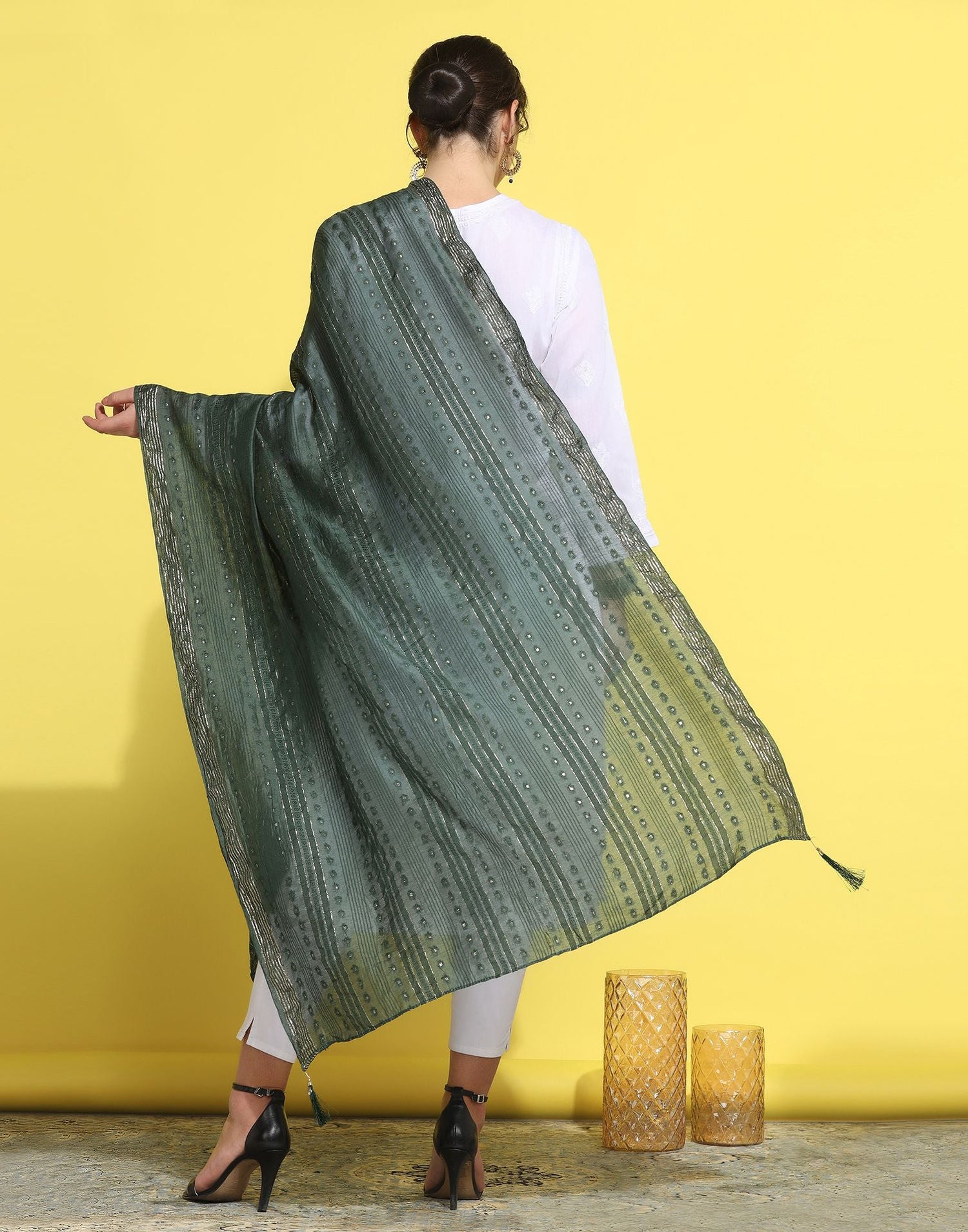Green Cotton Plain Dupatta - Image 5