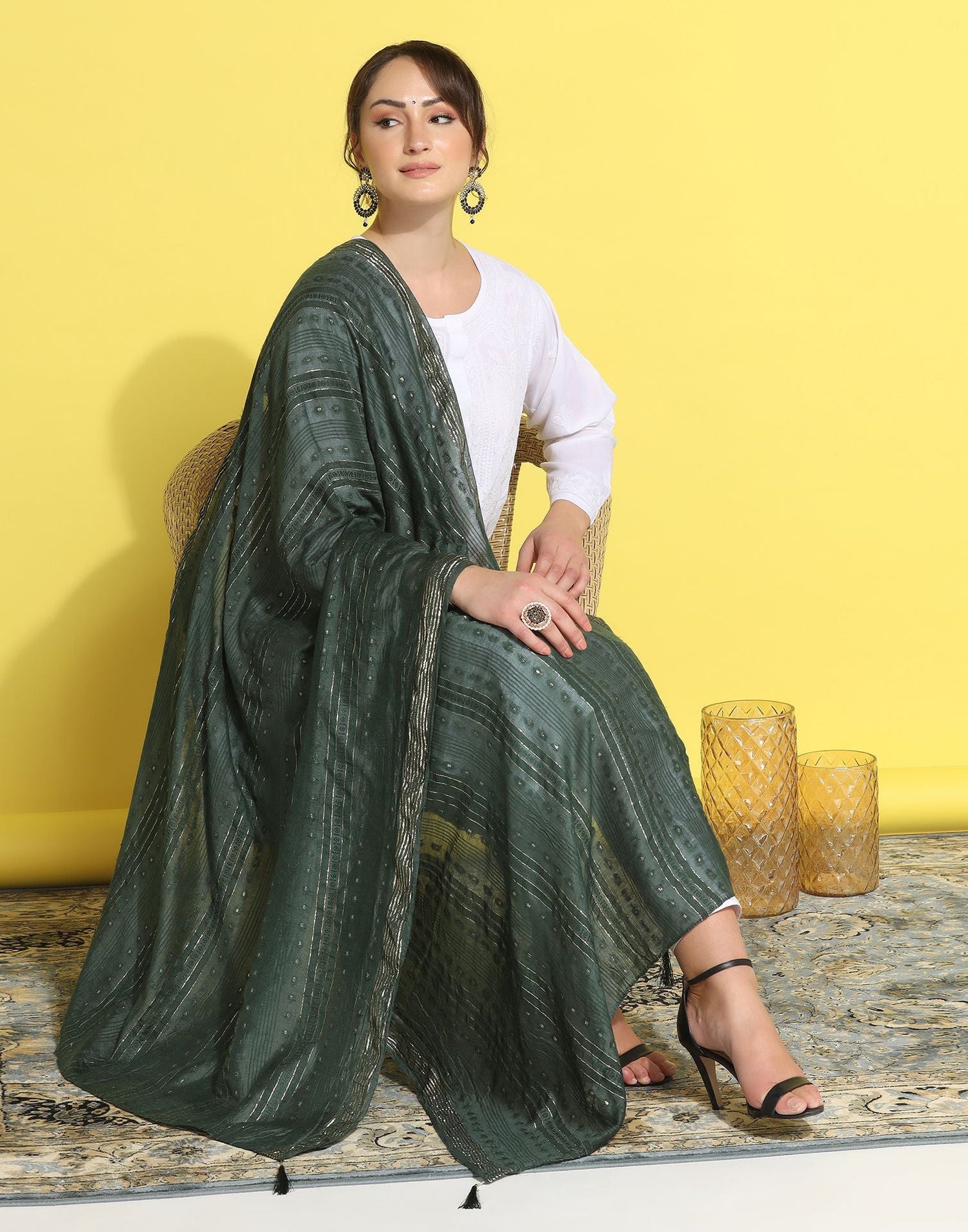 Green Cotton Plain Dupatta - Image 4