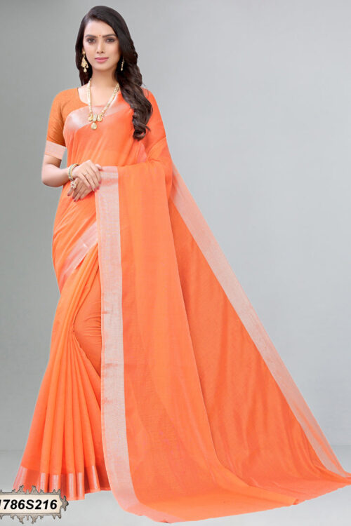 Orange Coloured Cotton Blend Plain Casual saree