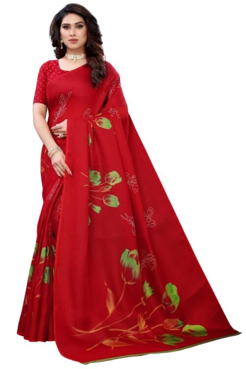 Red Coloured Poly Jute Floral Printed Casual saree