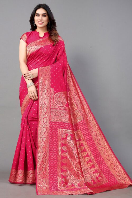 Pink And Golden Banarasi Silk Saree