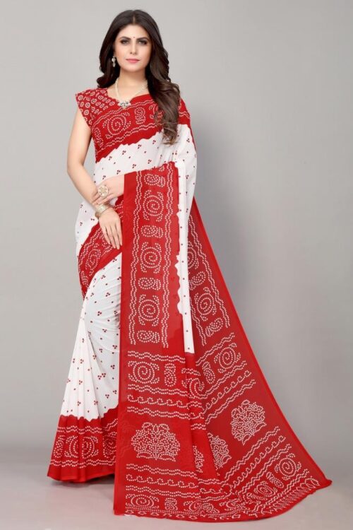Red And White Bandhani Printed Saree