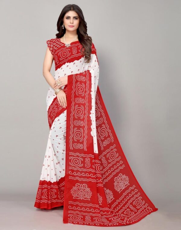 Red And White Bandhani Printed Saree
