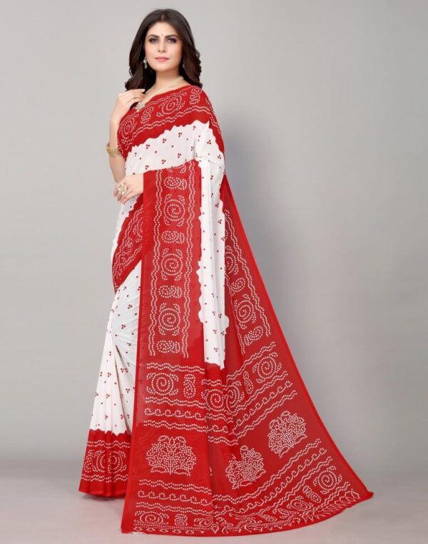 Red And White Bandhani Printed Saree - Image 2