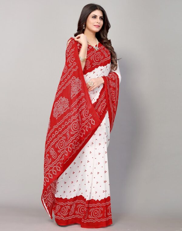 Red And White Bandhani Printed Saree - Image 3
