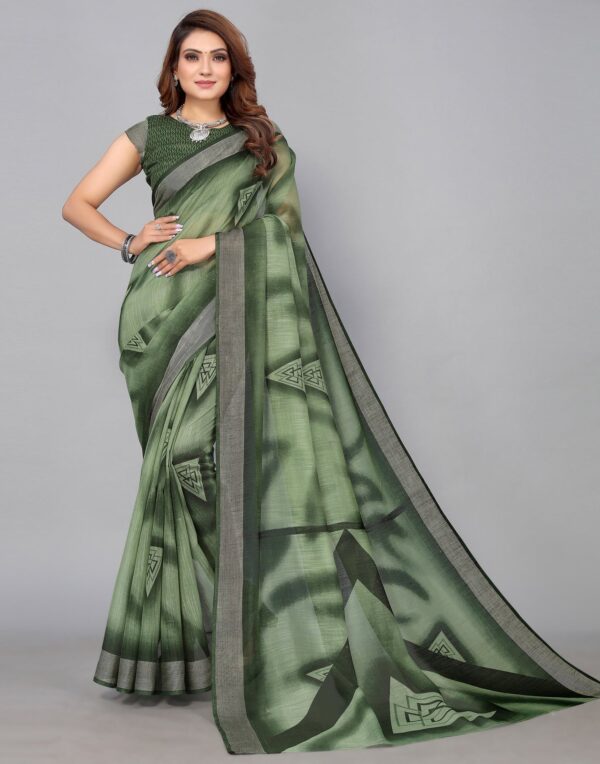 Green Cotton Saree - Image 3