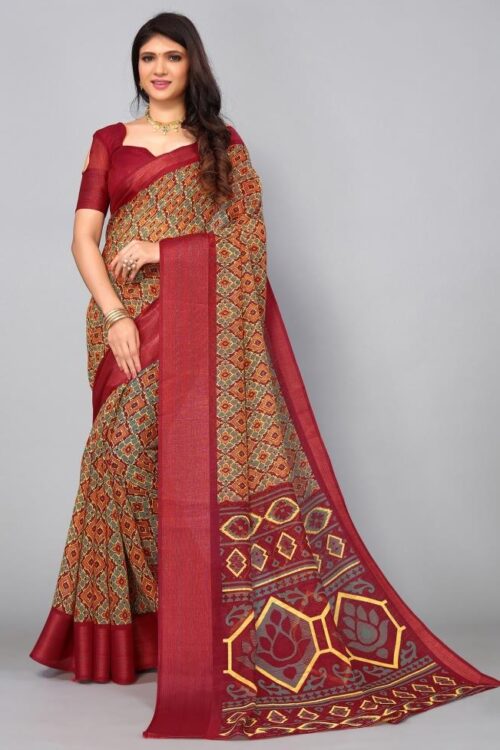 Multicoloured Cotton Saree (Deep Red)