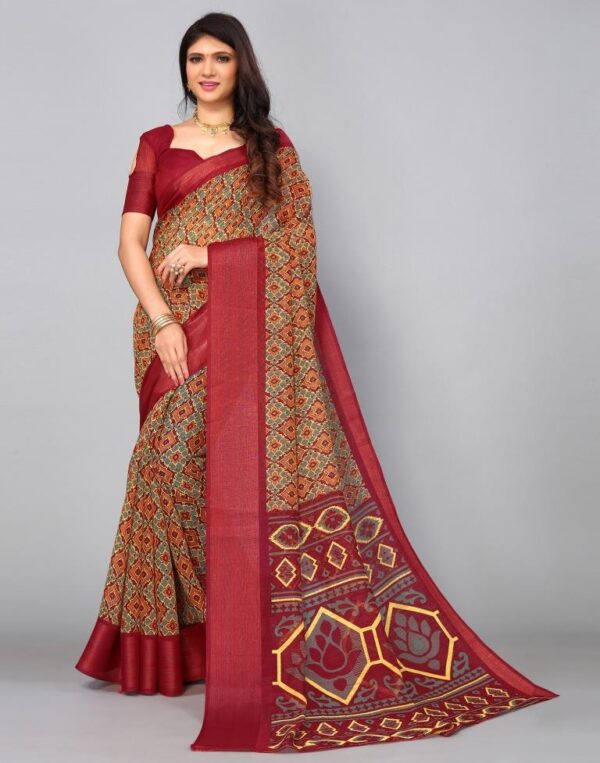 Multicoloured Cotton Saree (Deep Red)