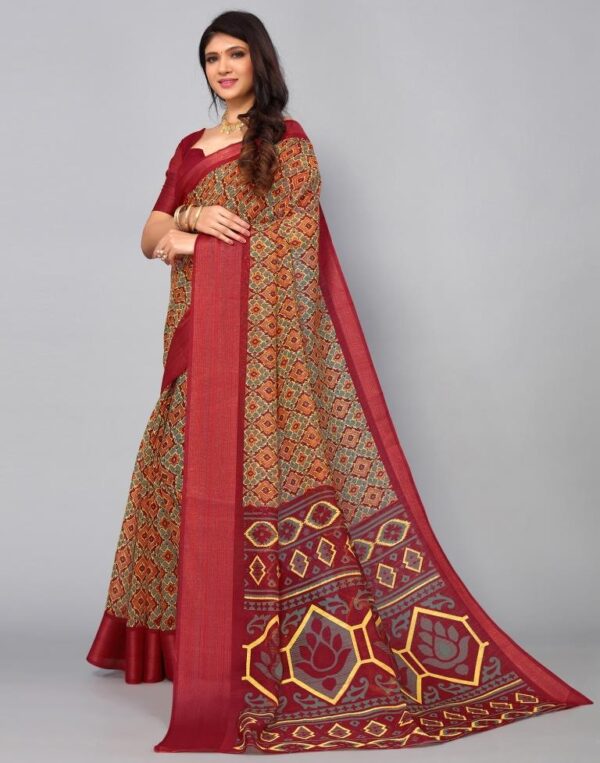 Multicoloured Cotton Saree (Deep Red) - Image 2