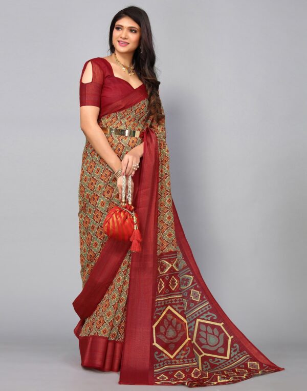 Multicoloured Cotton Saree (Deep Red) - Image 3