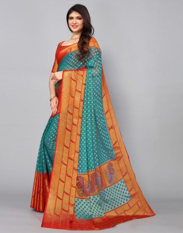 Turquoise Green Brasso Saree - Image 2