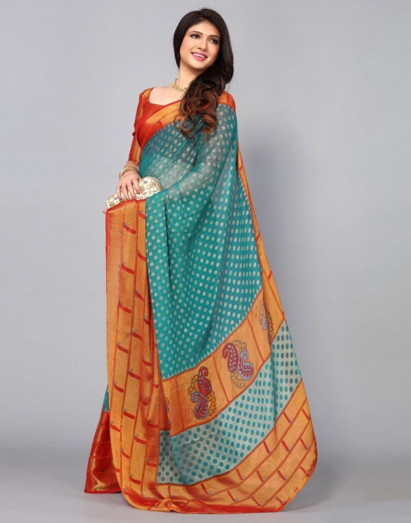 Turquoise Green Brasso Saree - Image 3