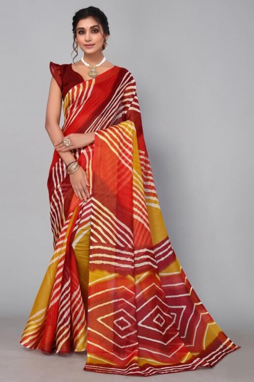 Multicoloured Cotton Saree (Red)