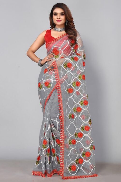 Grey Embroidered Saree