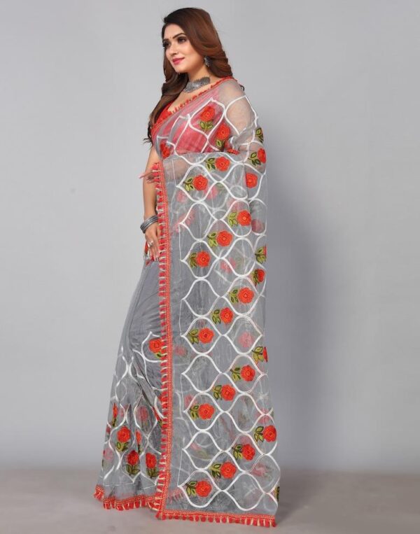 Grey Embroidered Saree - Image 2