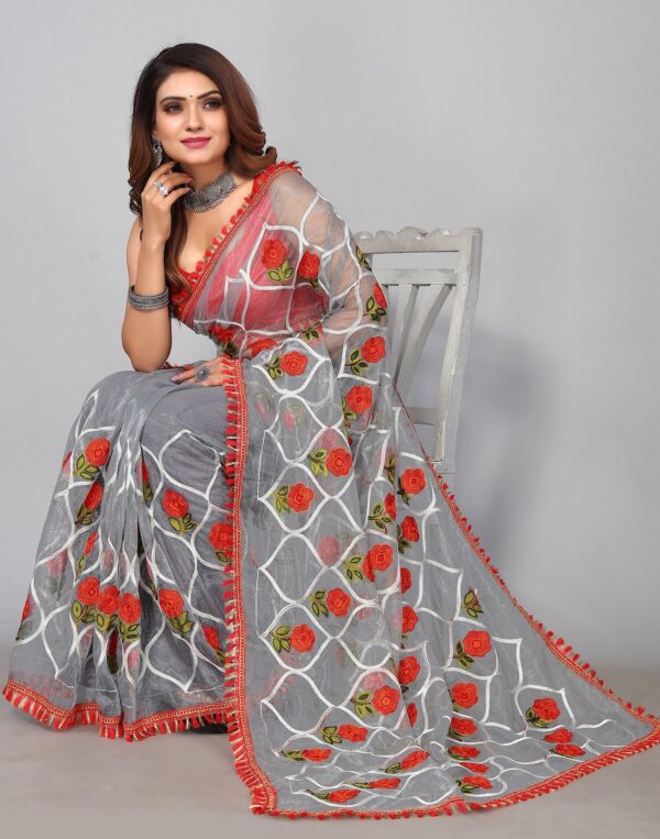 Grey Embroidered Saree - Image 3