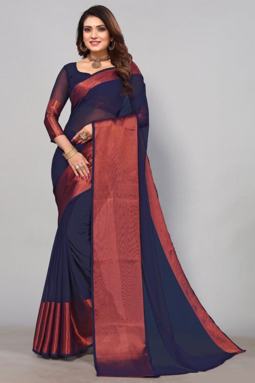 Dark Blue Chiffon Plain Saree