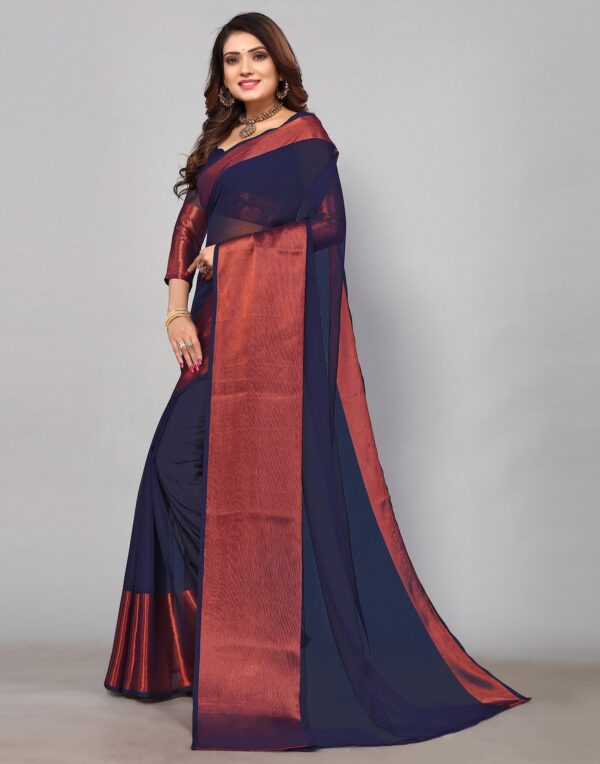 Dark Blue Chiffon Plain Saree - Image 5