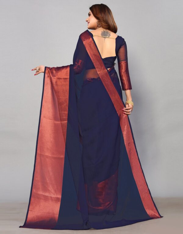 Dark Blue Chiffon Plain Saree - Image 4