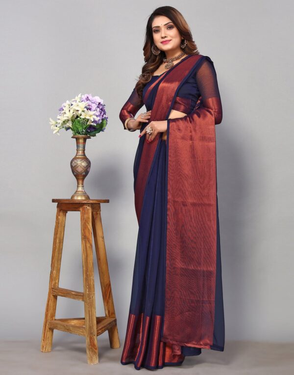 Dark Blue Chiffon Plain Saree - Image 3