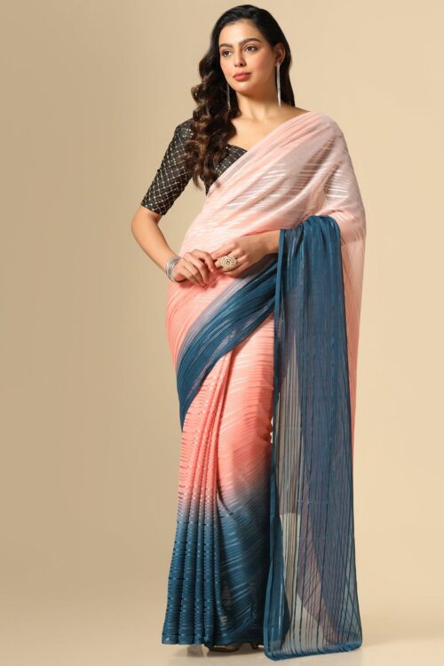 Light Pink And Blue Georgette Jari Stripes Saree