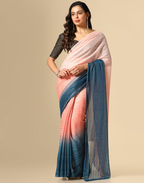 Light Pink And Blue Georgette Jari Stripes Saree