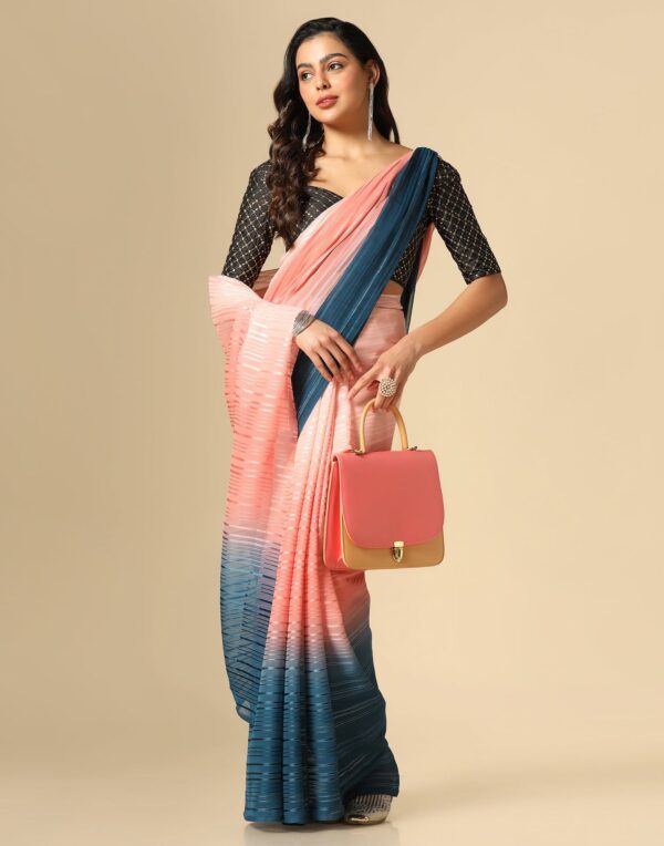 Light Pink And Blue Georgette Jari Stripes Saree - Image 4