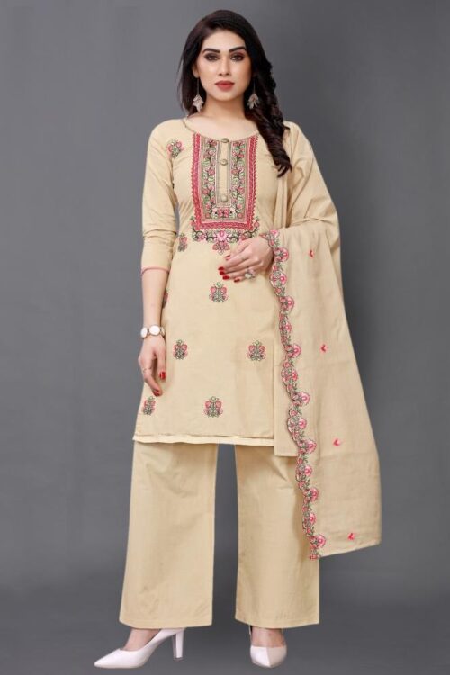Warm Beige Cotton Embroidered Unstitched Salwar Suit