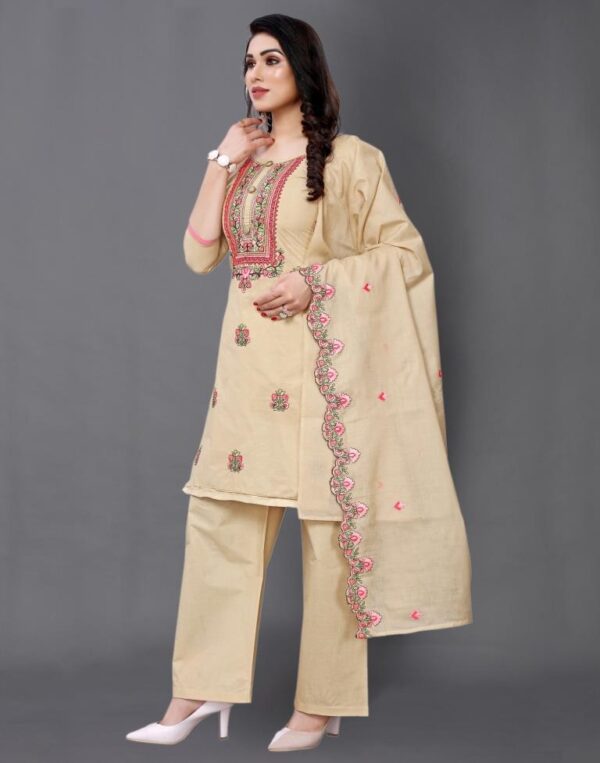Warm Beige Cotton Embroidered Unstitched Salwar Suit - Image 6