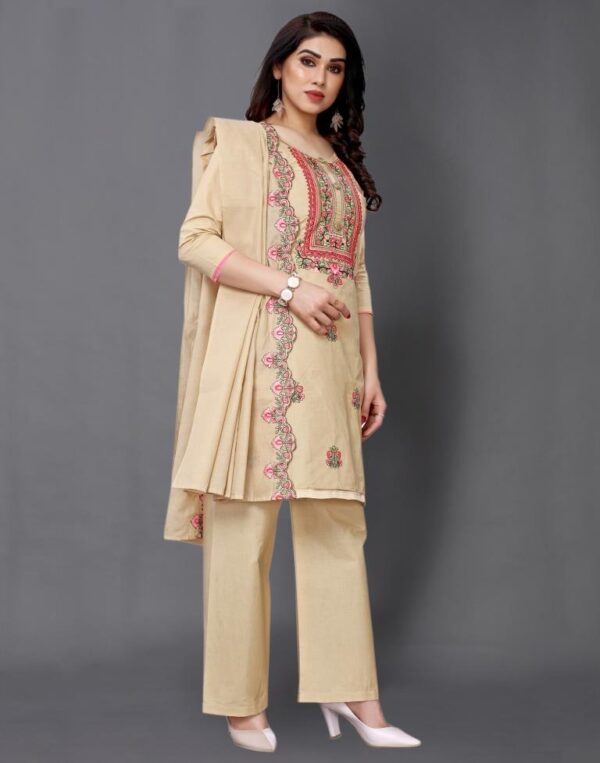 Warm Beige Cotton Embroidered Unstitched Salwar Suit - Image 5