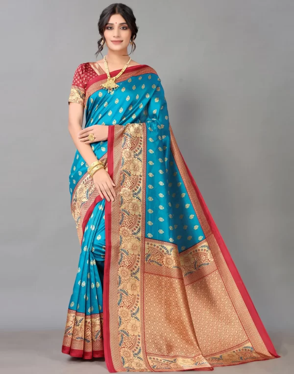 Peacock Blue And Beige Silk Saree