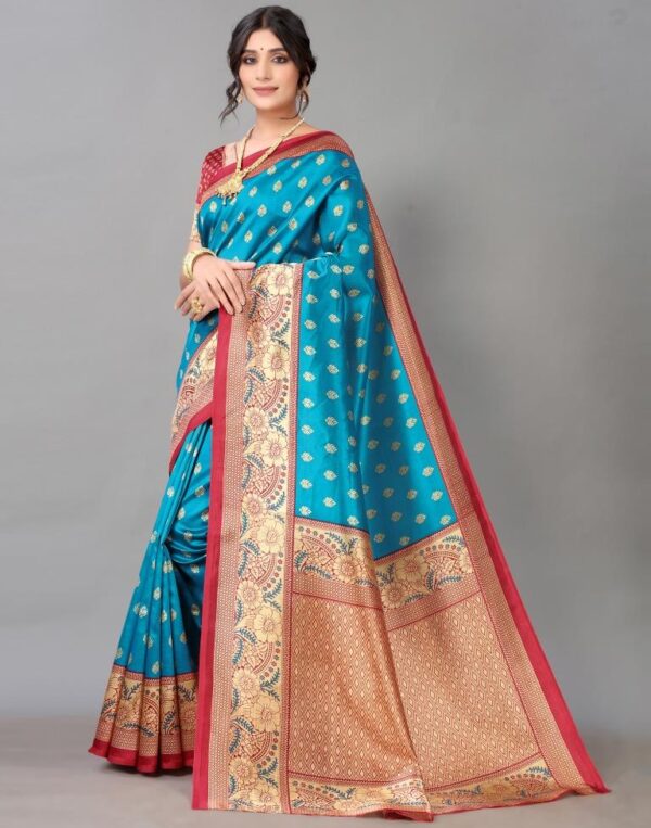 Peacock Blue And Beige Silk Saree - Image 2