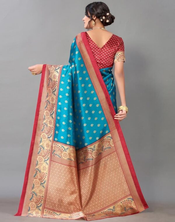Peacock Blue And Beige Silk Saree - Image 3
