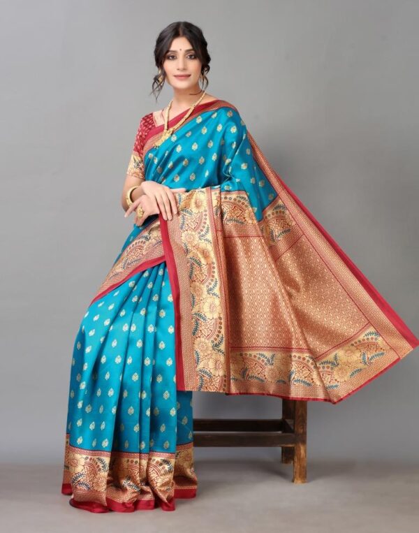 Peacock Blue And Beige Silk Saree - Image 4